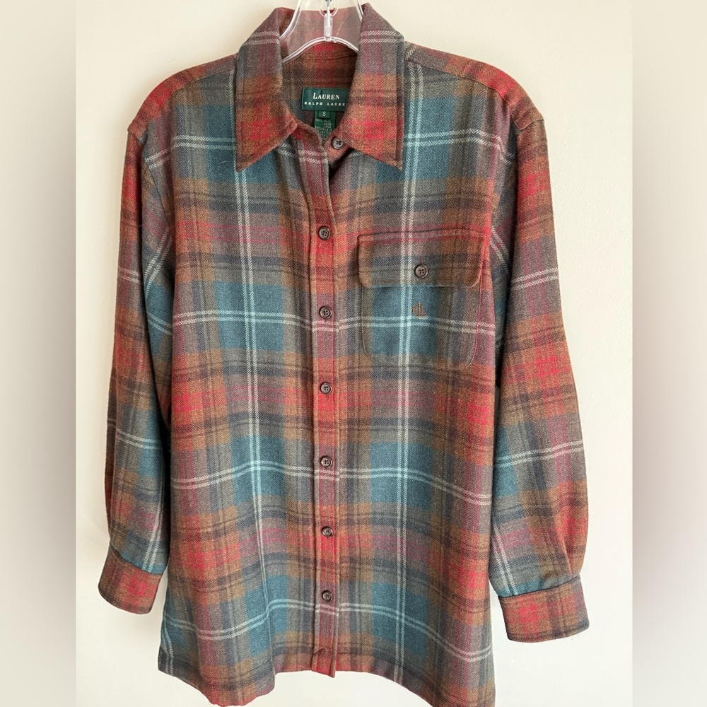 EUC Women’s Lauren Ralph Lauren 100% Wool Button Up  Plaid Shirt S Long Sleeve